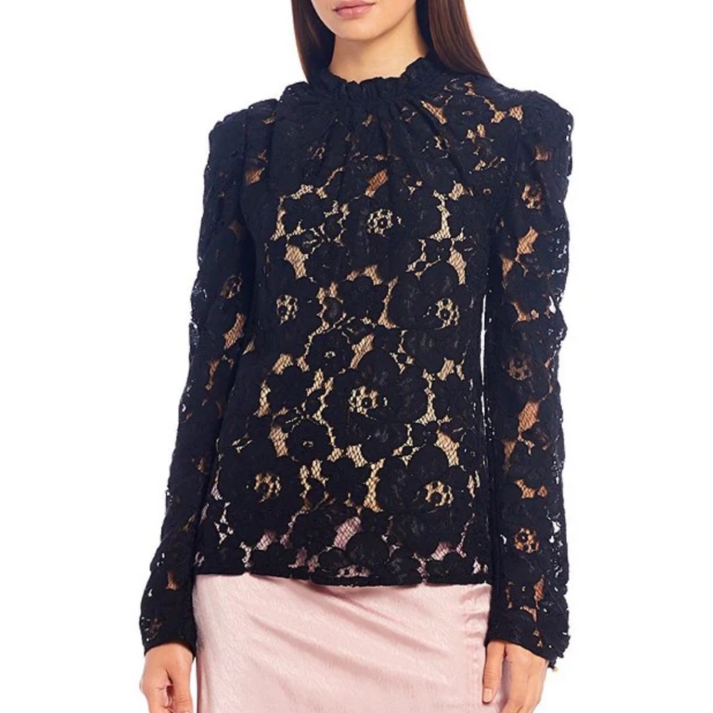WAYFErika Pleated Ruffle Mock Neck Long Puff Sleeve Lace Blouse